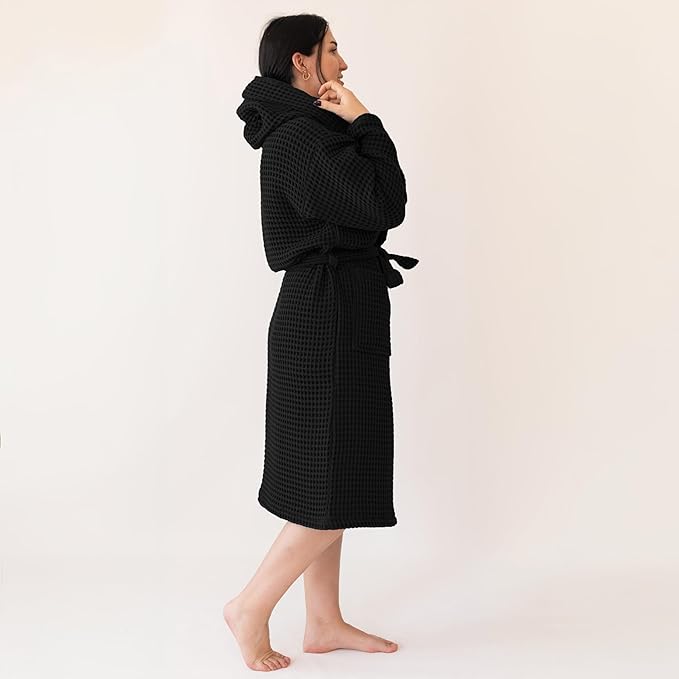 Waffle Hooded Long Robe Square Pattern White Waffle Hooded Long Robe Square Pattern White